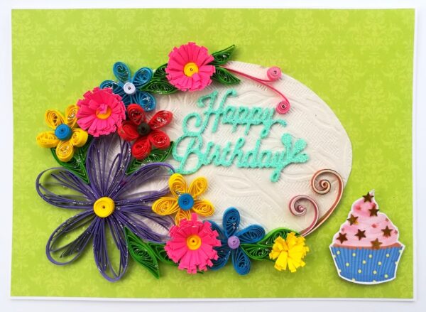Green Quilled Themed Flowers Birthday Greeting card image Green Quilled Themed Flowers Birthday Greeting card image
