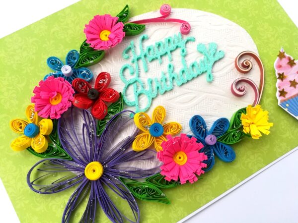 Green Quilled Themed Flowers Birthday Greeting card image Green Quilled Themed Flowers Birthday Greeting card image