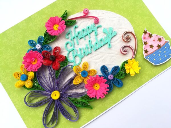 Green Quilled Themed Flowers Birthday Greeting card image Green Quilled Themed Flowers Birthday Greeting card image