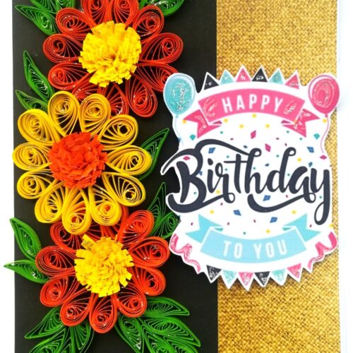 Sparkling Orange & Yellow Quilled Flowers Birthday Card image