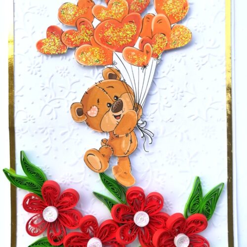Balloon and Red Quilled Flowers Birthday Card image