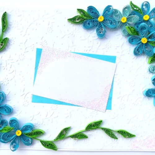Quilled Blue Corner Flowers Greeting Card image