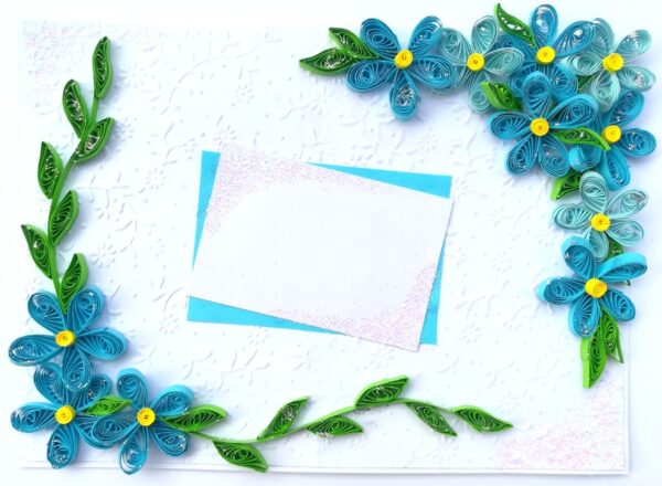 Quilled Blue Corner Flowers Greeting Card image
