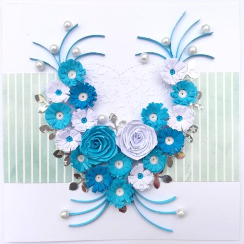 Blue Themed Quilled Flowers in Heart Greeting Card image