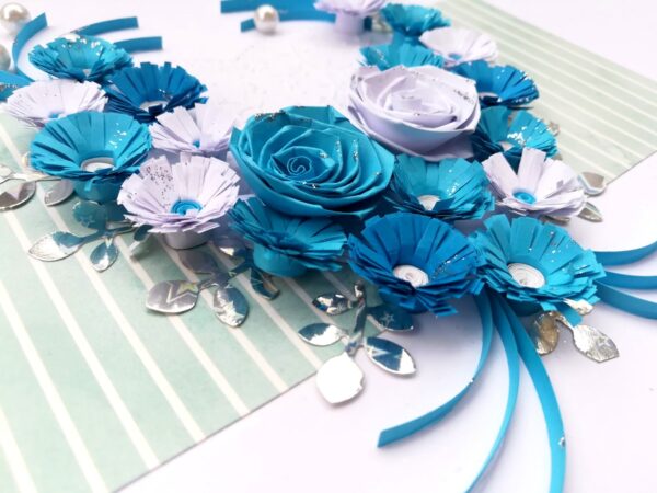 Blue Themed Quilled Flowers in Heart Greeting Card image Blue Themed Quilled Flowers in Heart Greeting Card image
