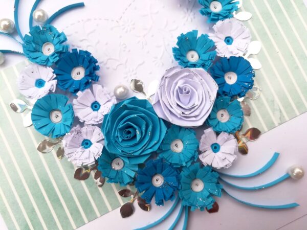 Blue Themed Quilled Flowers in Heart Greeting Card image Blue Themed Quilled Flowers in Heart Greeting Card image