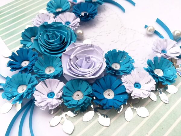 Blue Themed Quilled Flowers in Heart Greeting Card image Blue Themed Quilled Flowers in Heart Greeting Card image