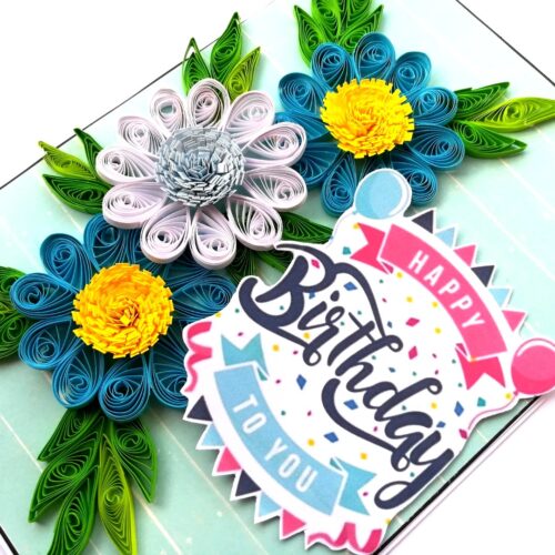 Sparkling Blue Quilled Flowers Birthday Card image