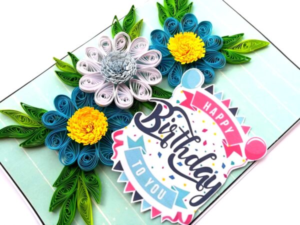 Sparkling Blue Quilled Flowers Birthday Card image