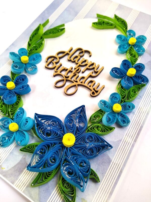 Sparkling Blue Quilled Flowers Birthday card