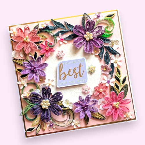 Sparkling Pink Purple Quilled Flowers Card