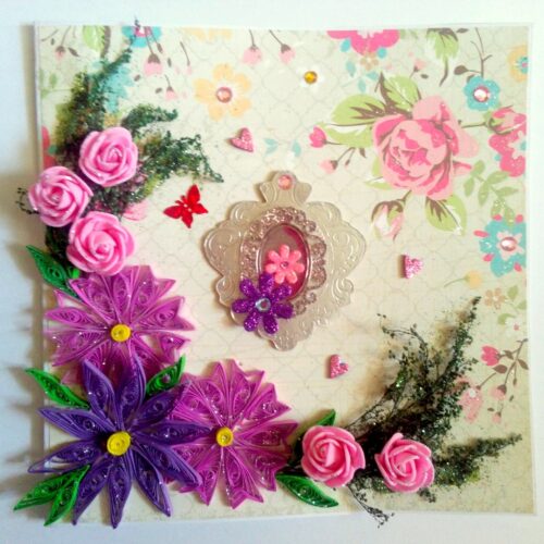 Purple Themed Variety Quilled Flowers Greeting Card image