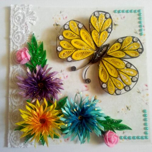Sparkling Quilled Butterfly and Flowers Greeting Card image
