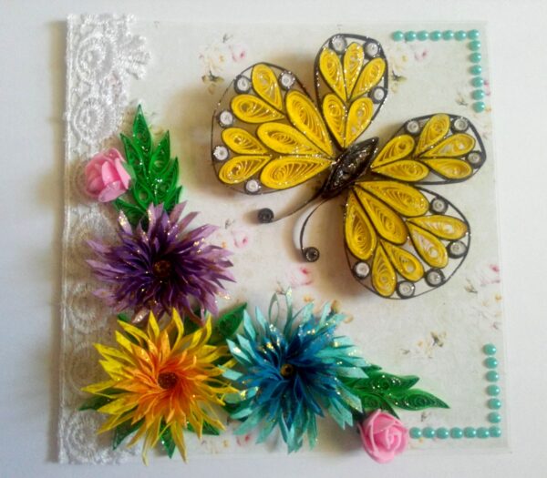 Sparkling Quilled Butterfly and Flowers Greeting Card image