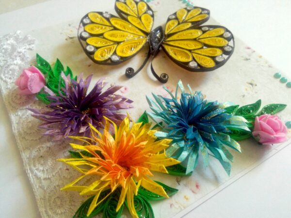 Sparkling Quilled Butterfly and Flowers Greeting Card image