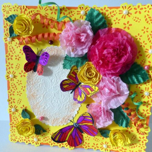 Yellow Paper Lace Border With Pink Flowers Greeting Card image
