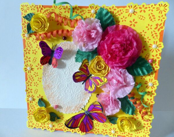Yellow Paper Lace Border With Pink Flowers Greeting Card image