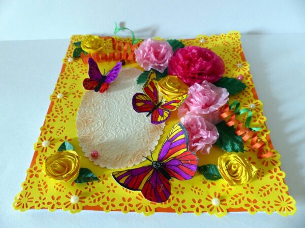 Yellow Paper Lace Border With Pink Flowers Greeting Card image