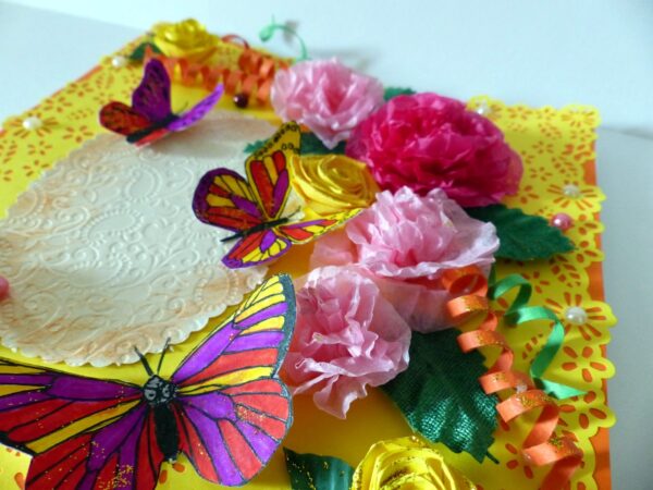 Yellow Paper Lace Border With Pink Flowers Greeting Card image