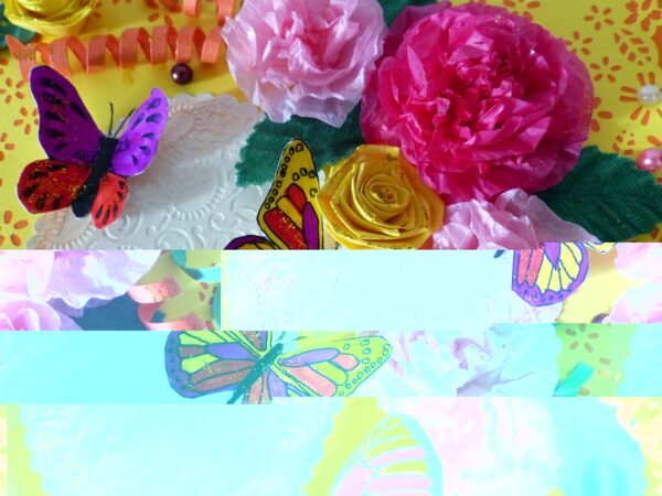 Yellow Paper Lace Border With Pink Flowers Greeting Card image