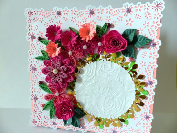 Paper Lace Border Pink Variety Flowers Greeting Card image