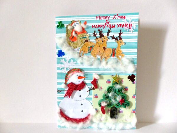Christmas Santa Sleigh and Snowman Greeting Card image