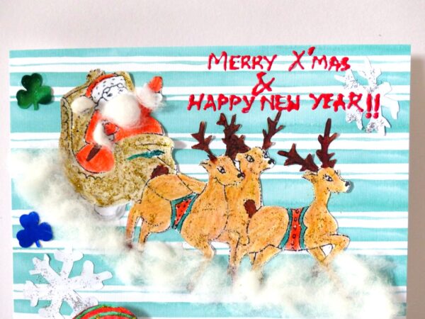 Christmas Santa Sleigh and Snowman Greeting Card image