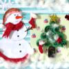 Christmas Santa Sleigh and Snowman Greeting Card image