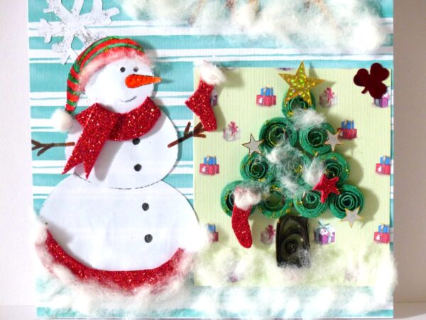Christmas Santa Sleigh and Snowman Greeting Card image