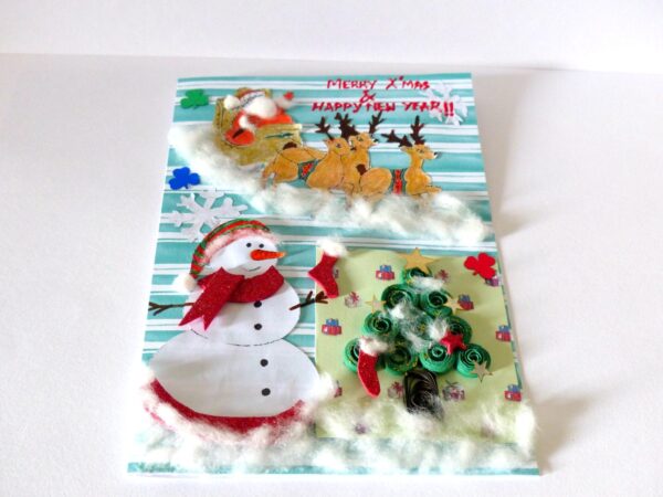 Christmas Santa Sleigh and Snowman Greeting Card image