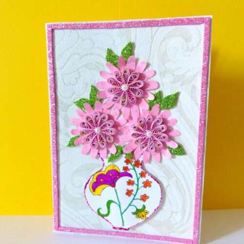 Sweet Pink Glittering Flower Vase Card image