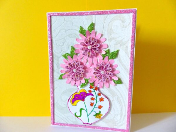 Sweet Pink Glittering Flower Vase Card image
