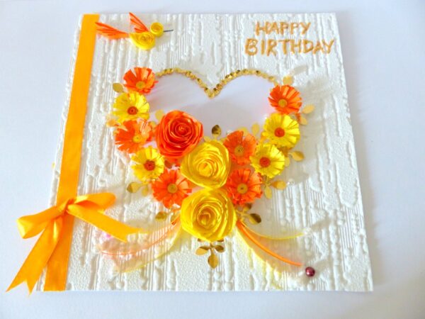 Yellow Flowers And Roses In Heart Greeting card image
