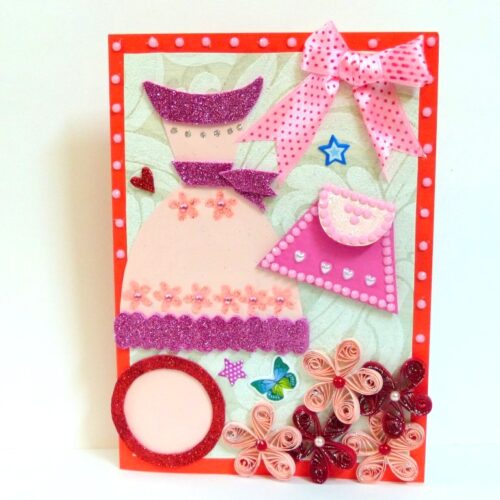 Pink Dress and Bag Girl Quilled Greeting Card image