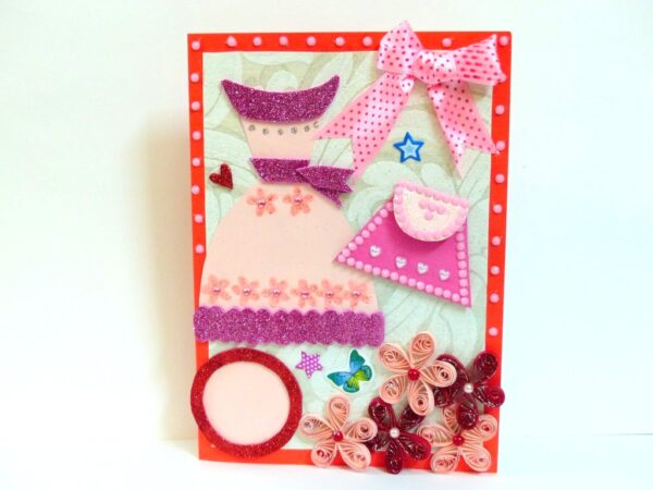 Pink Dress and Bag Girl Quilled Greeting Card image