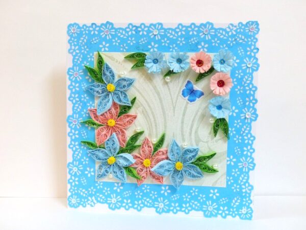 Sparkling Blue Lace and Themed Flowers Greeting Card image