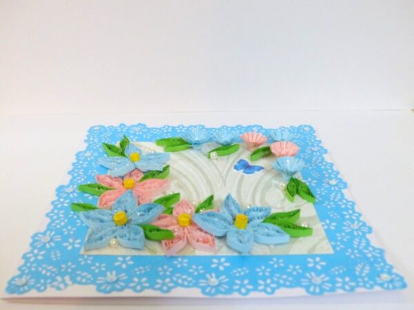 Sparkling Blue Lace and Themed Flowers Greeting Card image