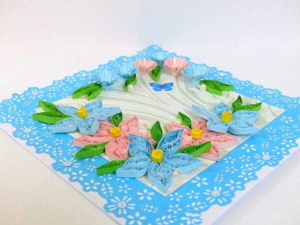 Sparkling Blue Lace and Themed Flowers Greeting Card image