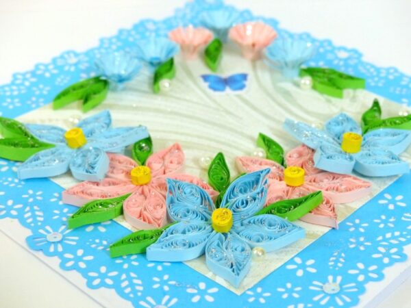 Sparkling Blue Lace and Themed Flowers Greeting Card image