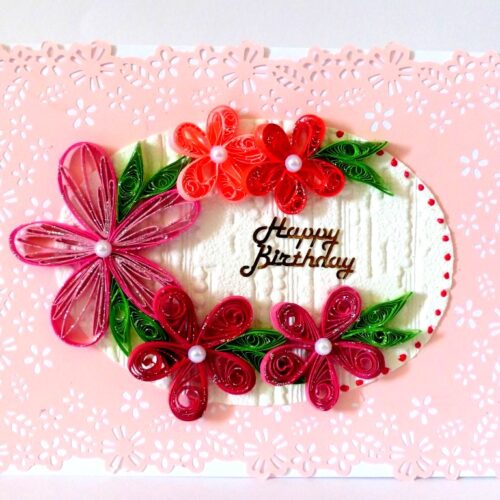 Quilled Pink Themed Birthday Greeting Card image