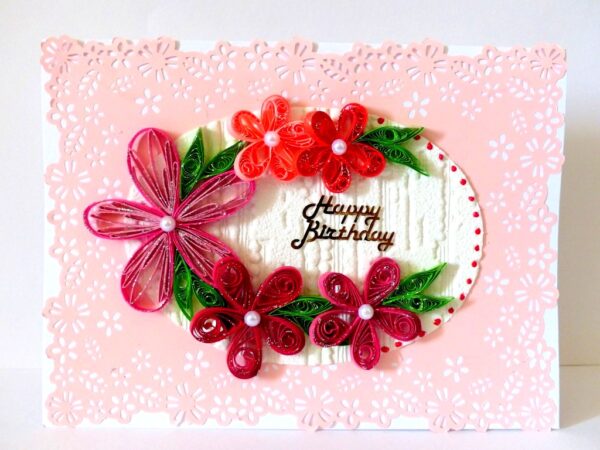 Quilled Pink Themed Birthday Greeting Card image