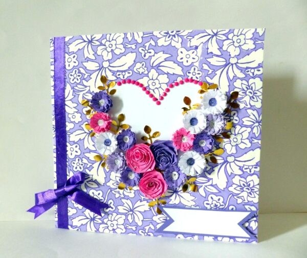 Purple Flowers and Roses In Heart Greeting Card image