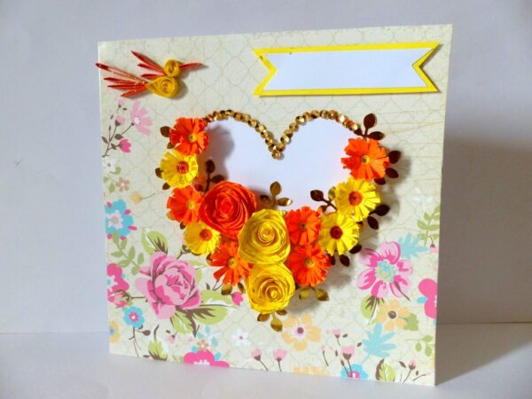 Yellow Flowers And Roses In Heart Greeting card image
