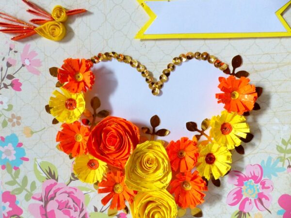 Yellow Flowers And Roses In Heart Greeting card image