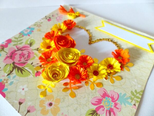 Yellow Flowers And Roses In Heart Greeting card image