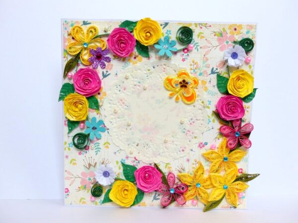 Vibrant Color Quilled Flowers And Rose Greeting Card image