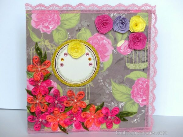 Lovely Pink Corner Quilled Flowers Greeting Card image