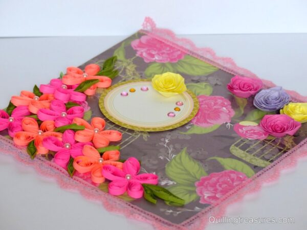 Lovely Pink Corner Quilled Flowers Greeting Card image