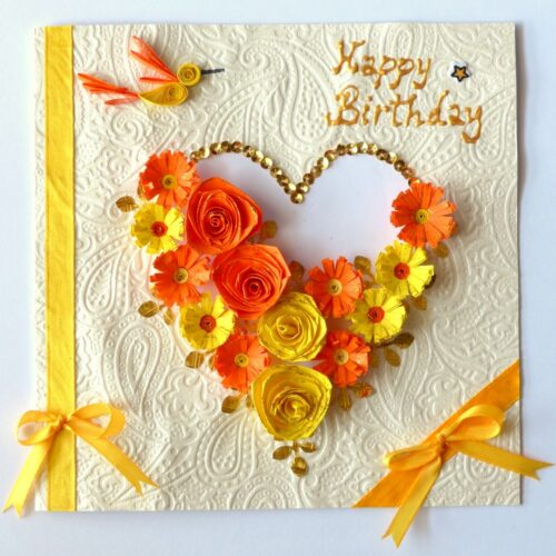 Yellow Themed Quilled Flowers in Heart Greeting Card image