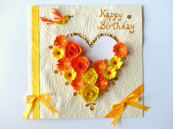 Yellow Themed Quilled Flowers in Heart Greeting Card image